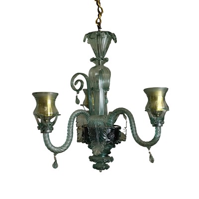 Lot 589 - A three light glass ceiling chandelier