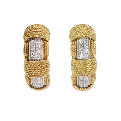 Lot 247 - A pair of 18ct two-colour gold diamond cuff earrings, by Roberto Coin