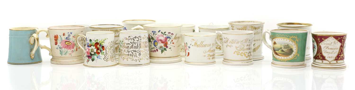 Lot 79 - A collection of pottery Staffordshire Christening mugs