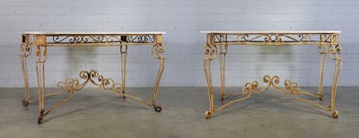 Lot 148 - A pair of Art Deco wrought-iron and marble-topped centre tables