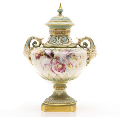 Lot 324 - A Royal Worcester porcelain twin-handled vase and cover