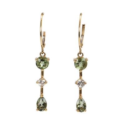 Lot 151 - A pair of 9ct gold diamond and moldavite drop earrings