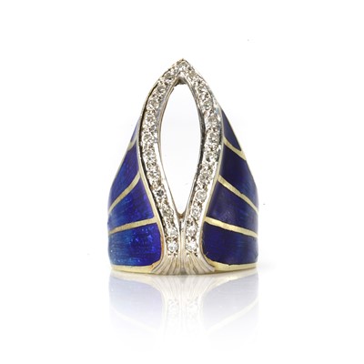 Lot 201 - An abstract design enamel and diamond dress ring