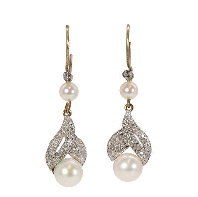 Lot 189 - A pair of pearl and diamond drop earrings