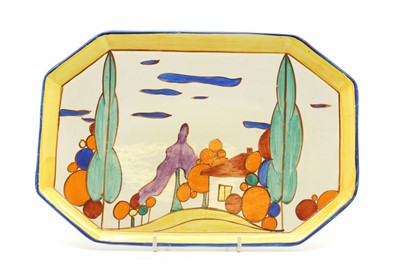 Lot 124 - A Clarice Cliff pottery 'Trees & House' pattern sandwich plate