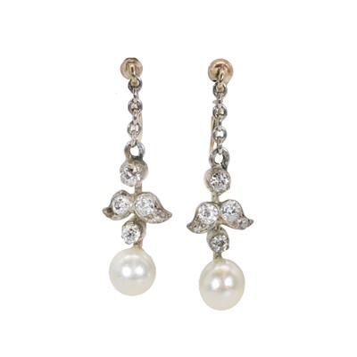 Lot 126 - A pair of diamond and pearl drop earrings