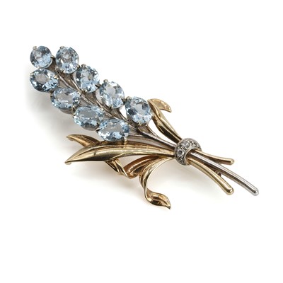 Lot 88 - A 9ct two-colour gold aquamarine and diamond spray brooch