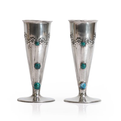 Lot 41 - A near pair of Liberty & Co. Tudric pewter and enamel vases