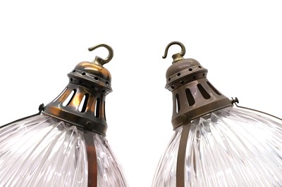 Lot 359 - A pair of Holophane glass pendant lights