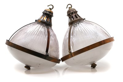 Lot 359 - A pair of Holophane glass pendant lights