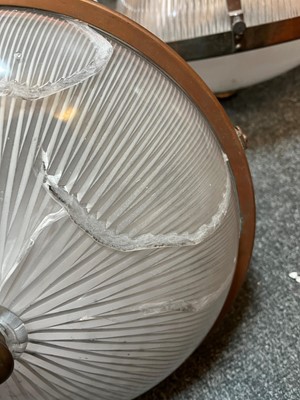 Lot 359 - A pair of Holophane glass pendant lights