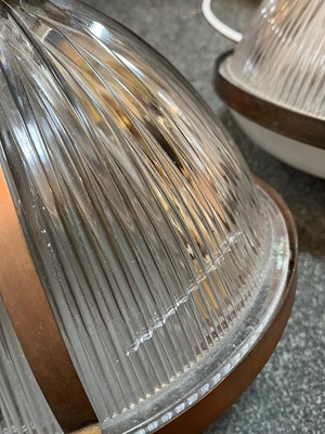 Lot 359 - A pair of Holophane glass pendant lights