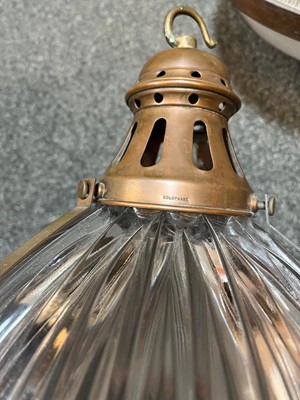 Lot 359 - A pair of Holophane glass pendant lights