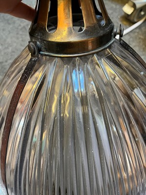 Lot 359 - A pair of Holophane glass pendant lights
