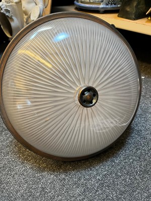 Lot 359 - A pair of Holophane glass pendant lights