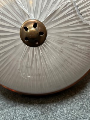 Lot 359 - A pair of Holophane glass pendant lights
