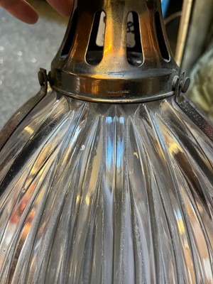 Lot 359 - A pair of Holophane glass pendant lights
