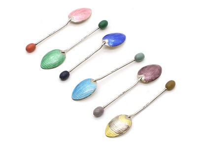 Lot 13 - A cased set of six enamelled coffee spoons