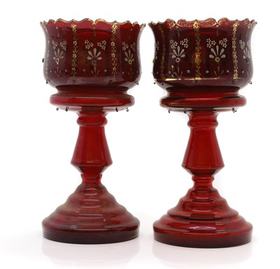 Lot 161 - A pair of Victorian ruby glass crown top lustres