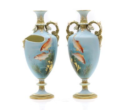 Lot 340 - A pair Royal Worcester porcelain twin-handled vases