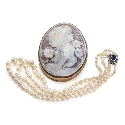 Lot 1295 - A 9ct gold large shell cameo brooch and a cultured pearl necklace