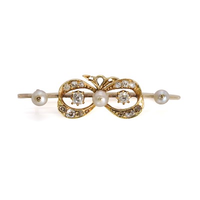 Lot 20 - A late Victorian pearl and diamond bow bar brooch, c.1890