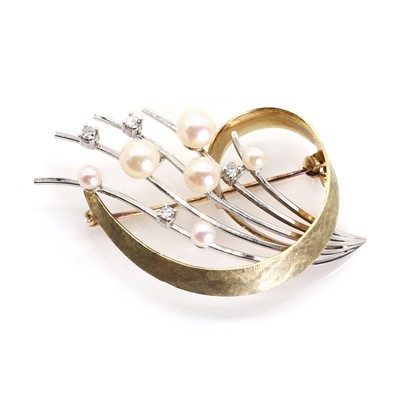 Lot 1085 - A German two-colour gold cultured pearl and diamond spray brooch, by Kellmar and Jourdan, c.1960