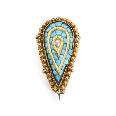 Lot 1008 - A late Georgian split pearl and turquoise pear shaped pendant drop