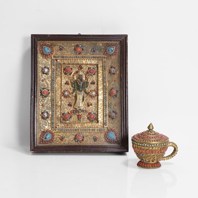 Lot 231 - A Nepalese gilt-metal filigree and stone-inset votive plaque