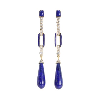 Lot 115 - A pair of lapis lazuli and diamond drop earrings