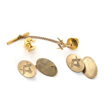 Lot 1342 - A pair of 9ct gold masonic cufflinks and a 9ct gold masonic pin