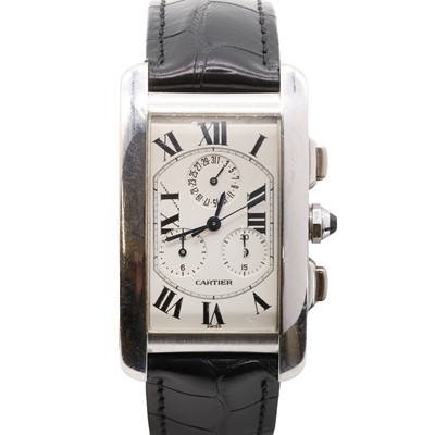 Lot 360 - A gentlemen's 18ct white gold Cartier Tank Americaine calendar chronograph strap watch