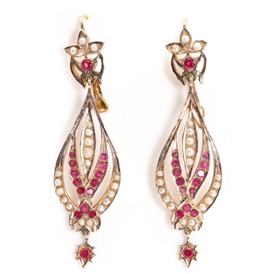 Lot 1058 - A pair of early 20th century synthetic ruby and split pearl drop earrings