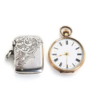 Lot 1441 - A 9ct gold fob watch and a silver vesta case