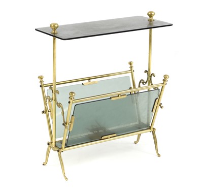 Lot 641 - A brass and glass magazine rack