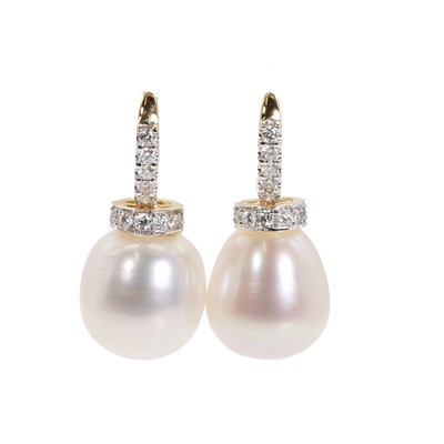 Lot 1202 - A pair of cultured freshwater pearl and diamond earrings