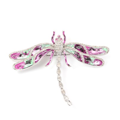 Lot 1269 - An enamel, diamond and pink sapphire dragonfly brooch/pendant