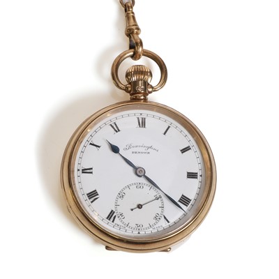 Lot 1446 - A 9ct gold open faced pocket watch and chain