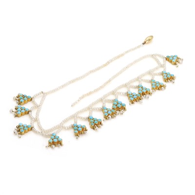 Lot 1048 - A seed pearl and turquoise fringe necklace