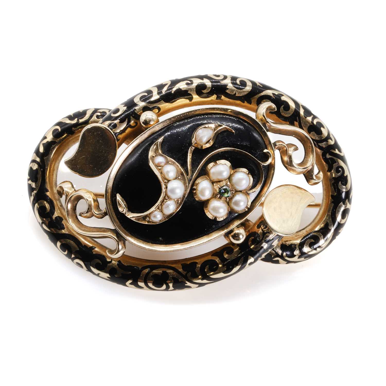 Lot 1015 - A Victorian split pearl and enamel mourning brooch