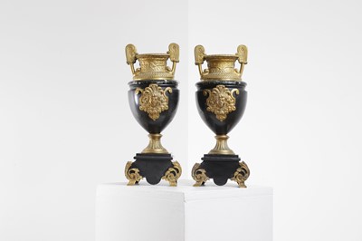 Lot 220 - A pair of Regency-style gilt-metal-mounted marble and slate urns