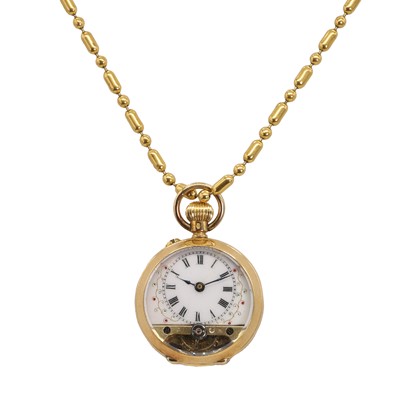 Lot 1449 - An 18ct gold top wind open face fob watch and a gold plated chain