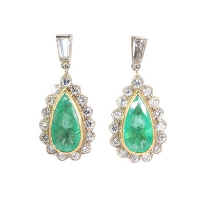 Lot 236 - A pair of 18ct gold emerald and diamond drop earrings