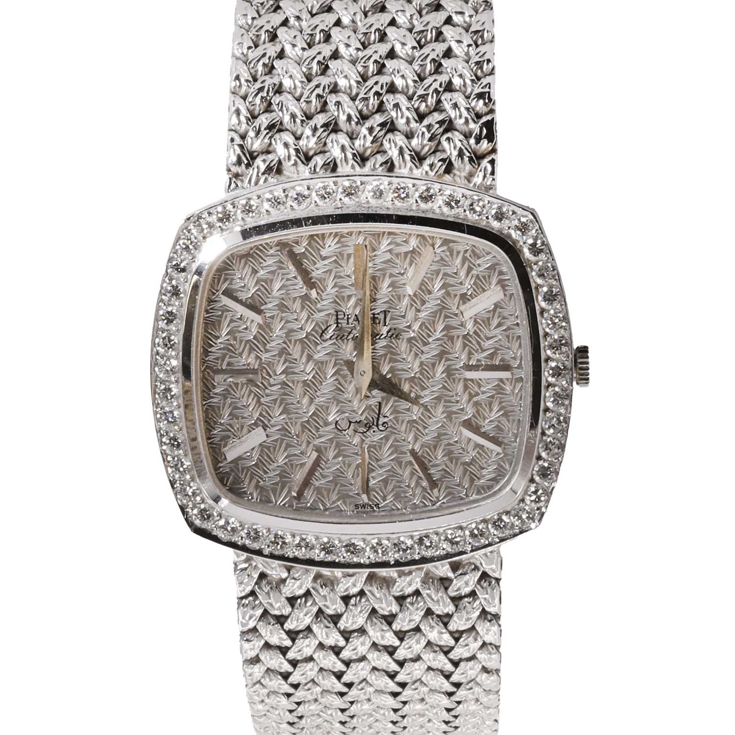 Lot 1473 - A 18ct white gold diamond set Piaget for Asprey automatic bracelet watch, c.1970's