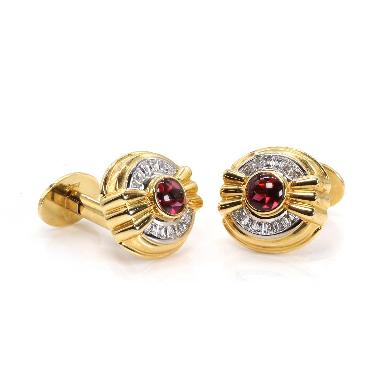 Lot 1429 - A pair of 18ct gold garnet and diamond cufflinks, by Asprey.