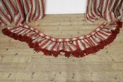 Lot 397 - A pair of red and cream striped linen curtains
