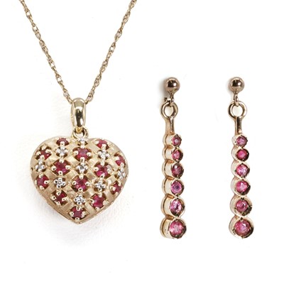 Lot 1171 - A pair of 9ct gold ruby drop earrings and a 9ct gold ruby and diamond pendant