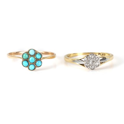 Lot 1284 - A diamond cluster ring and a turquoise daisy cluster ring