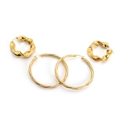 Lot 1315 - Two pairs of hollow gold hoop earrings