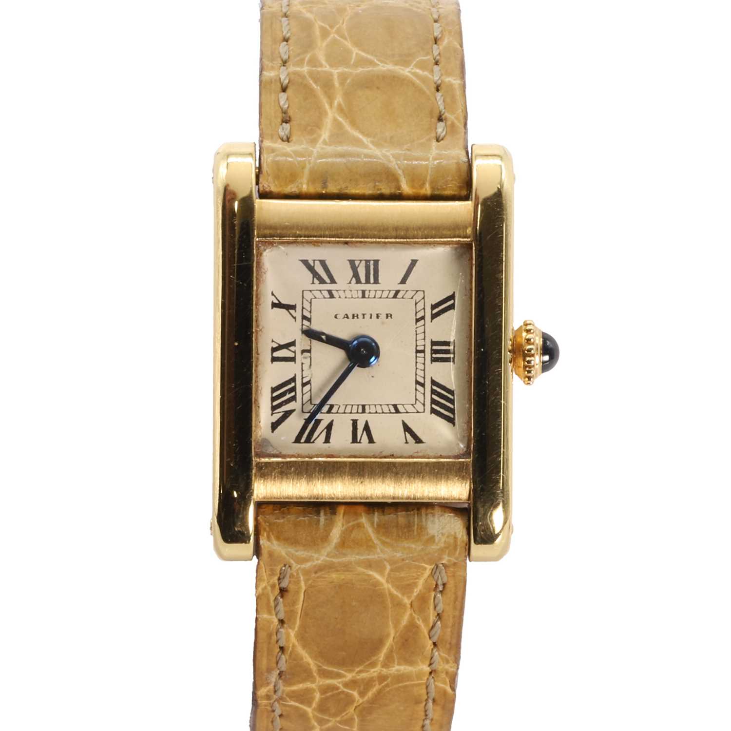 Lot 355 - A ladies' 18ct gold Cartier Tank Louis mechanical strap watch